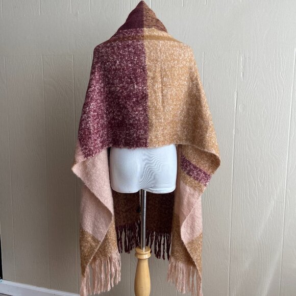 Soft Cozy Chunky Knit Boho Plaid Print Fringe Trim Oversized Scarf Wrap - Picture 10 of 13